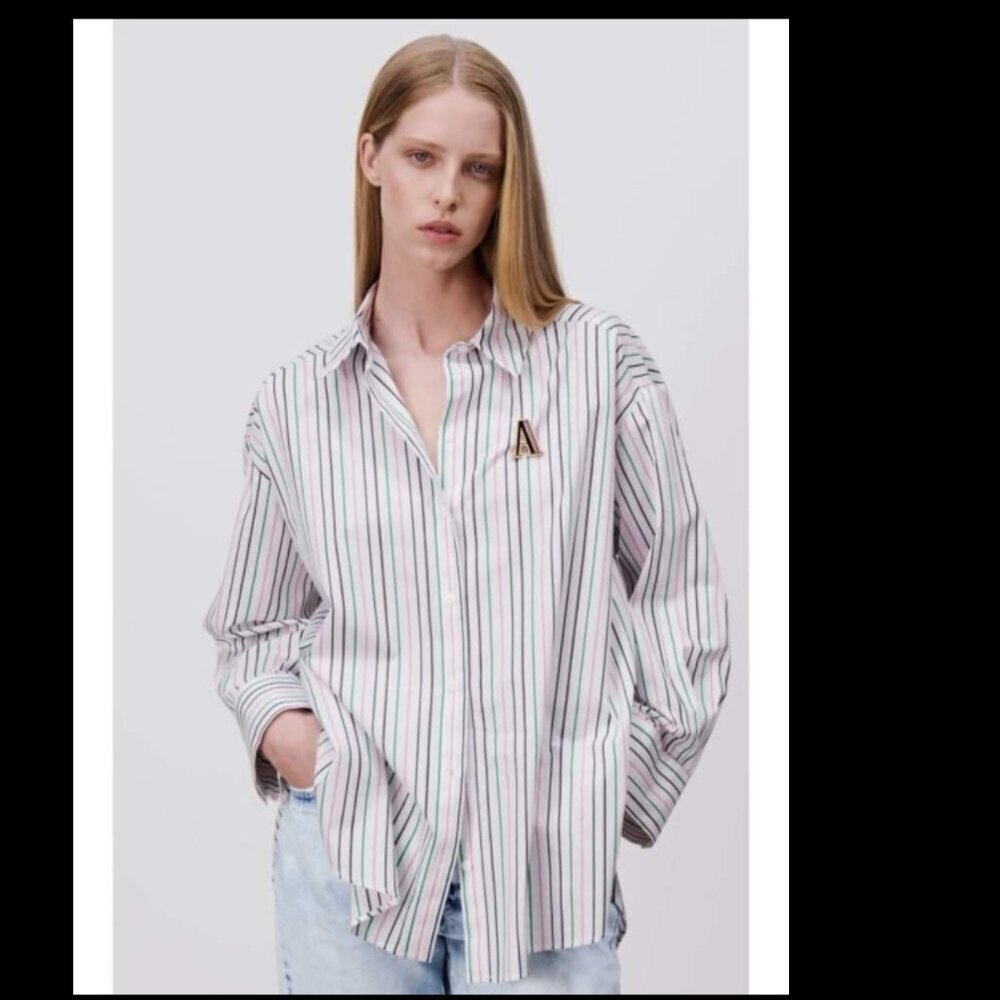 Zara White Striped Cotton Oversized Blouse/Shirt. Size s